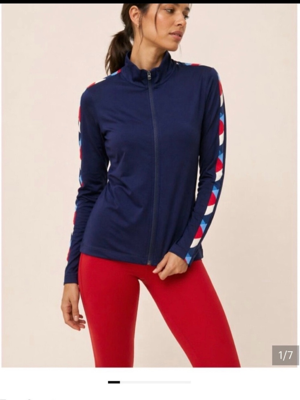 Tory Sport Navy Zip-Up Jacket with Red and Blue Geometric Sleeve Trim